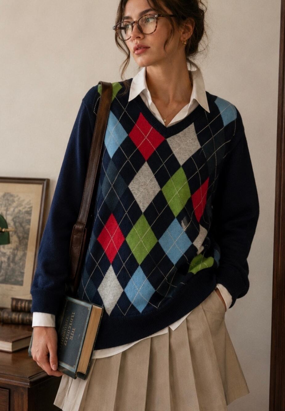 Vintage Old Navy Argyle knit sweater crewneck old money country club Y2K Prep M
